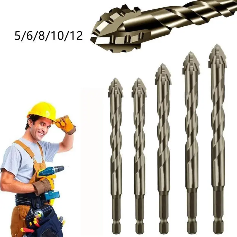 5pc Multi-Size Carbide Tip 4-Blade Serrated Eccentric Drill Bit Set (5/6/8/10/12mm) - Carbide Drill Bit Sets, Wood Drilling Options for Construction, Masonry, Tile Work, Wood Drilling Drill Bit Sets
