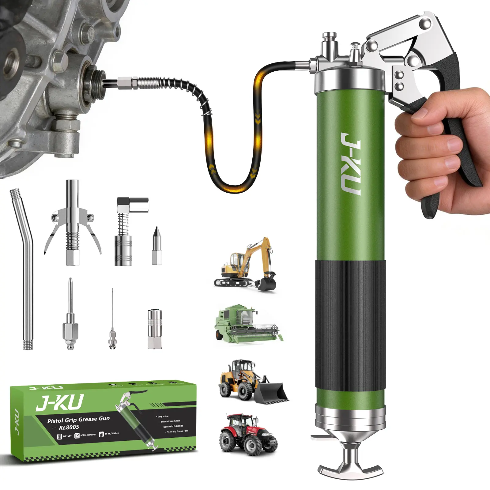 Grease Gun Kit, 8000 PSI Heavy Duty Pistol Grip Grease Gun with 14 oz Capacity, Includes 18 Inch Resin Flex Hose, Double Handle Grease Coupler and Other Accessories, Grease Gun for Automotive, Marine