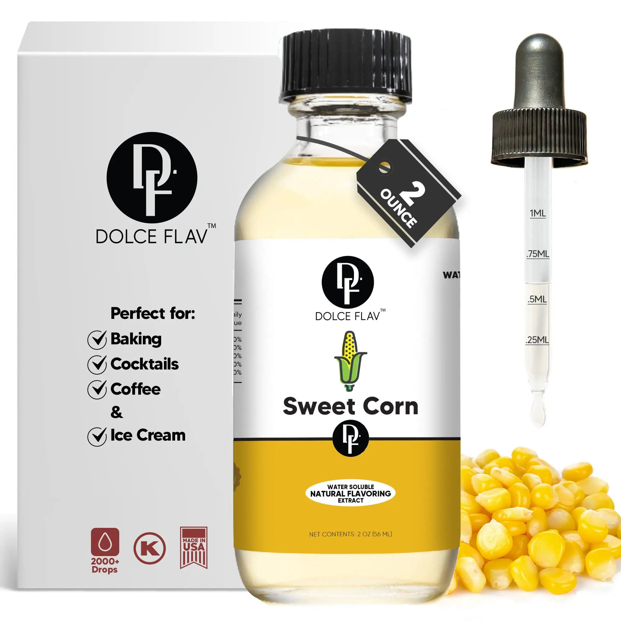 Dolce Flav Sweet Corn Extract Water Soluble 2 Ounce Bottle with Dropper for Baking Cocktails Coffee & Ice Cream Natural Flavoring