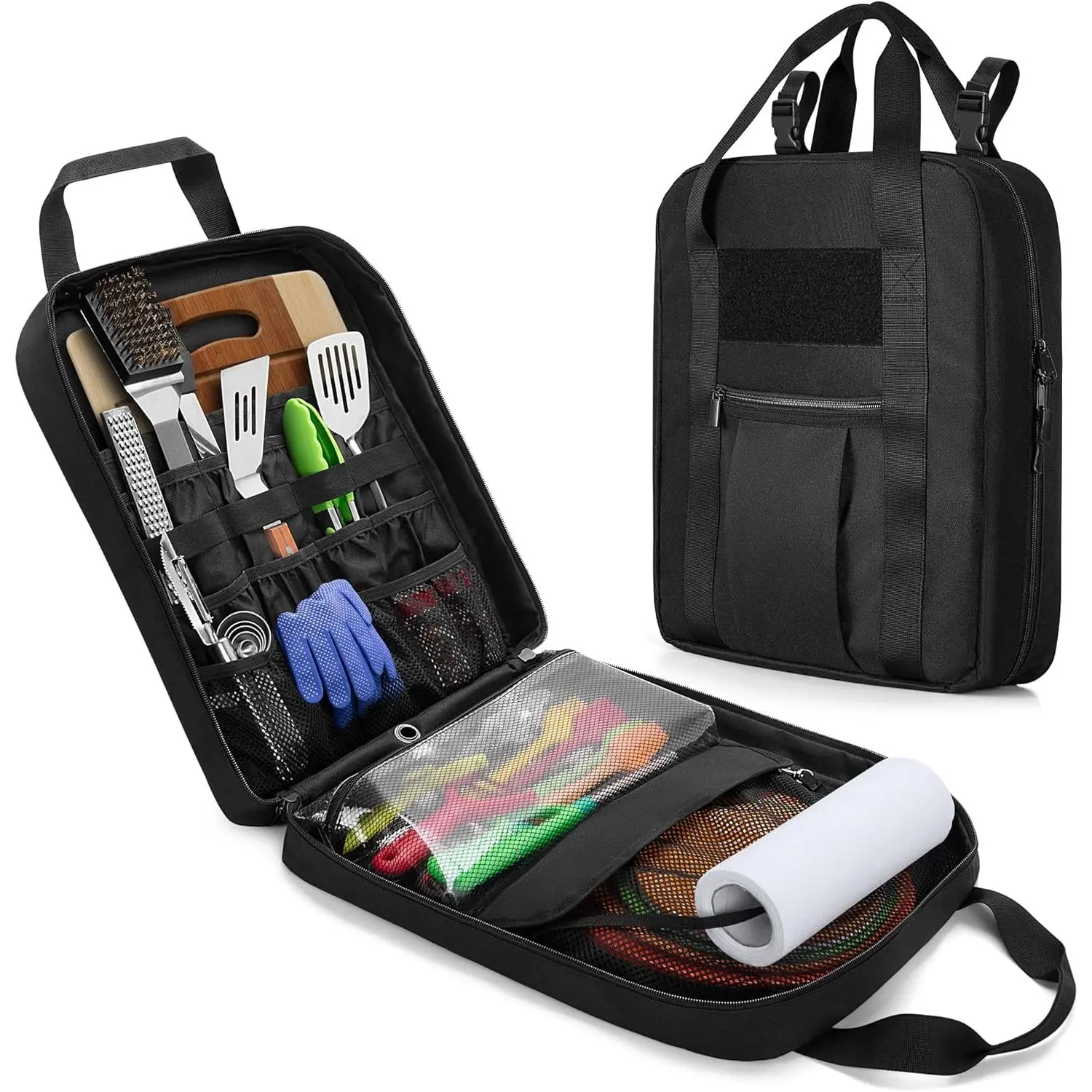 Hanging Camp Utensil Organizer with Towel Paper Holder, Portable Camping Kitchen Cookware Bag for Knives, Forks, Spoons & More, Outdoor Cooking Tools Storage Box for Travel & Hiking, Bag Only