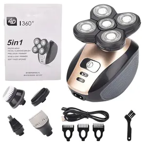 5-in-1 4D Rotary Electric Shaver, Stainless Steel 5 Heads Rechargeable Bald Head Hair & Beard Trimmer Razor with 1 Button Operation, Five Heads