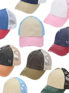 C.C 3 Tone Criss Crossed Mesh Back Trucker Distressed Pony Baseball Cap, 100% Polyester, Adjustable Fit, Breathable Lightweight Design for Daily Wear