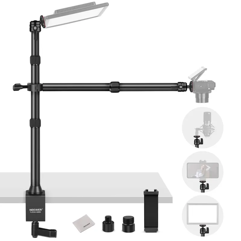 NEEWER Durable Metal Desk Camera Mount Stand with Adjustable Magic Arm, C-Clamp, 1/4"-Threaded 360° Swivel Ball Head, Overhead Extension Arm, Smartphone Holder, Twist Lock Tubes for Content Creation, DSLR Accessories