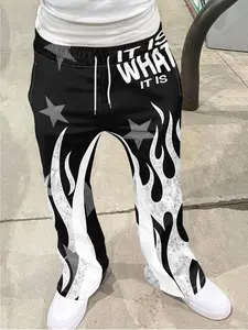 Vintage Men's Y2K Geometric Print Bell Bottom Pants, Hip-Hop Drawstring Sportswear, Athleisure Design, Soft Breathable Fabric, Casual All-Season Wear