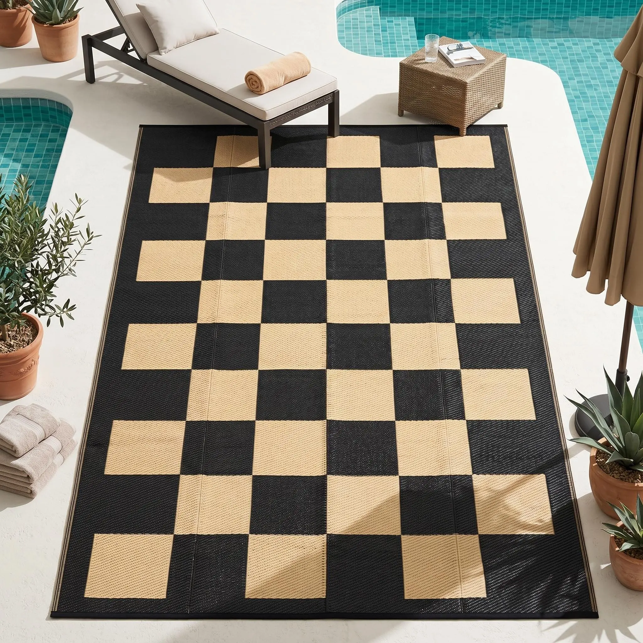 Outdoor Rug, 320GSM PP Mat, Reversible Checkered Design, Waterproof, Lightweight with Carry Bag and Stakes, for Patio RV Camping Picnic, Black Beige, 9x12ft