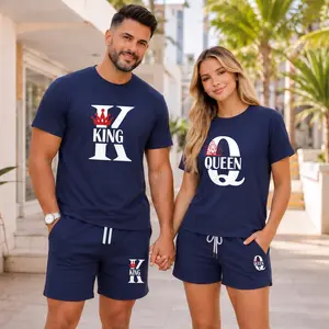 Couples’ King Queen Graphic Short Sleeve T-Shirt and Shorts Set, Casual Summer Matching Two-Piece Outfit with Crew Neck Tops and Drawstring Shorts for Daily Wear
