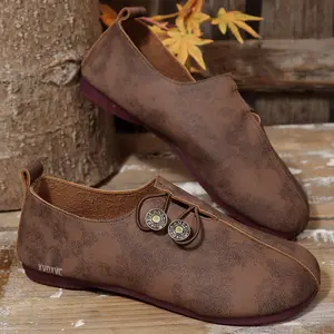 Women's Flat Loafers Retro Decorative Button Soft PU Leather Casual Indoor Outdoor Shoes