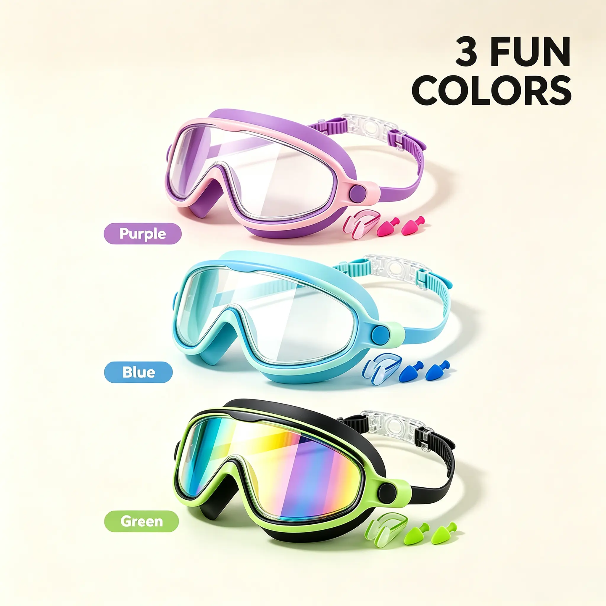 Kids Swimming Goggles Anti-Fog UV Protection Leakproof Children Swim Mask with Nose Clip & Ear Plugs for Boys Girls