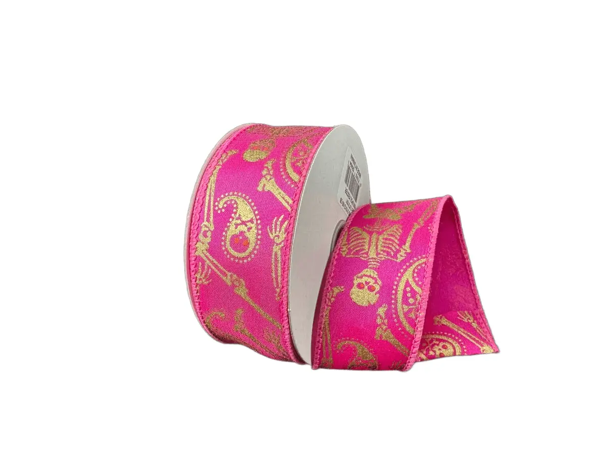 Fuchsia Satin Skull Paisley Ribbon – 1.5" x 10 Yards, Wired