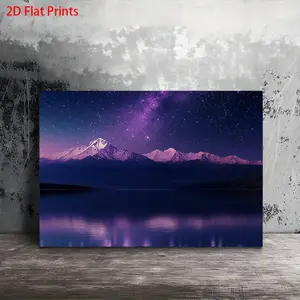 1 Piece Wooden Frame Canvas Painting - Snow Mountain Lake Reflection and Milky Way Night Sky, Deep Blue Purple Pink Tone, Starry Sky Mountain Landscape Wall Art, Living Room, Bedroom, Office Ready-to-Hang Framed Painting - Ideal Home Decor, 2D Flat Surfac