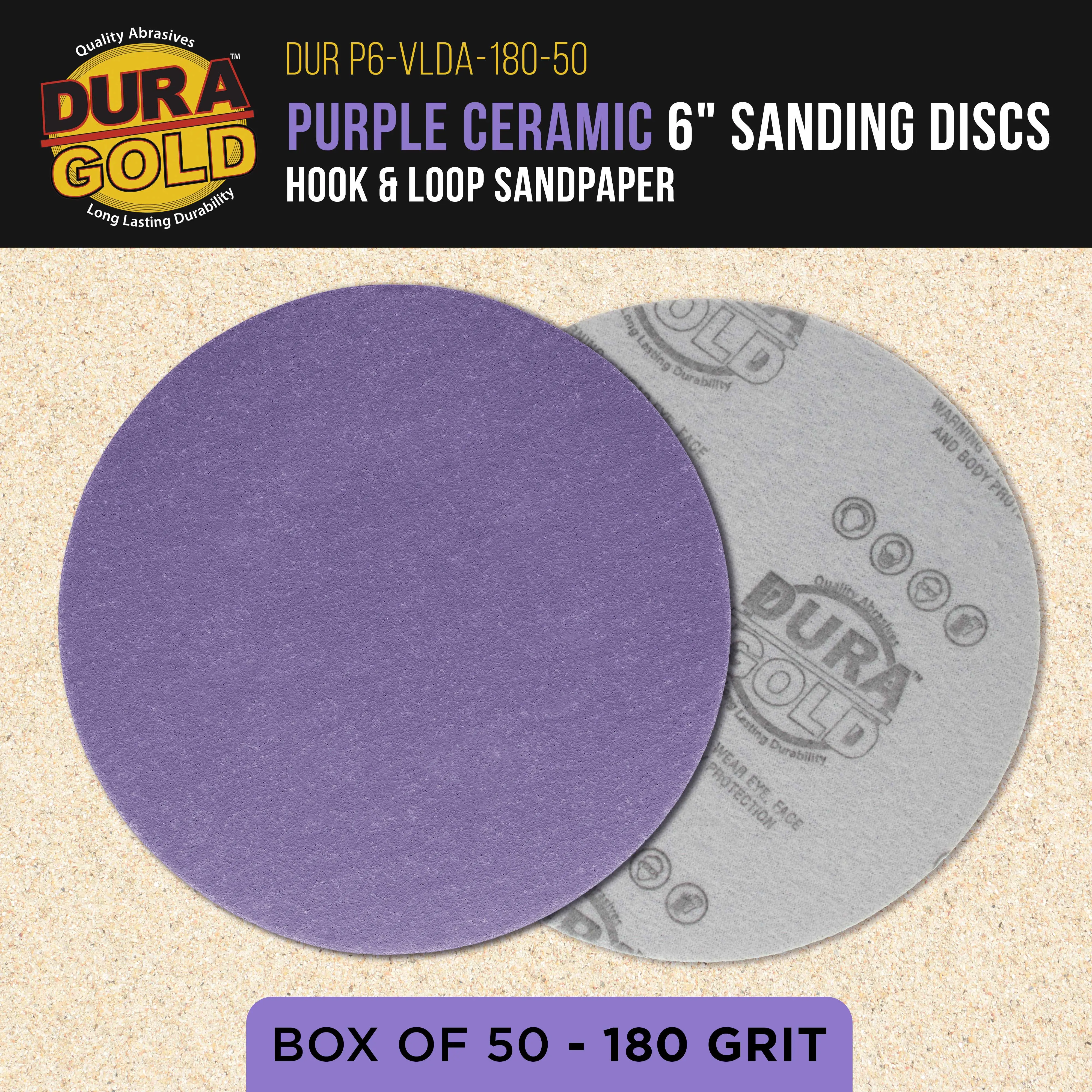 Premium 180 Grit 6" Purple Film Ceramic Sanding Discs, Box of 50 - Hook & Loop Backing Sandpaper for DA & Random Orbital Sanders