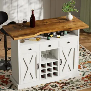 HOMBCK 52 Inch Bar Table with Foot Rail, Farmhouse Wine Bar Cabinet with 9 Wine Rack & 3 Drawers, Home Bar with Storage for Living Room