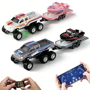 1/64 Mini Remote Control Car with Trailer, 2.4Ghz & APP Remote Control, Rechargeable Alloy Shell Mini Off Road Pickup Cars with Lights, Speed/Steering Adjustable, Christmas Birthday Gifts for Boys