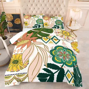 Vintage Boho Botanical Comforter Set,Includes 1 Comforter & 1-2 Pillowcases,Tropical Plant & Ethnic Geometric Accent Bedding Set,Soft Breathable All Season Bedding for Bedroom Dorm Guest Room Decor,Perfect Gift for Plant & Boho Style Lovers