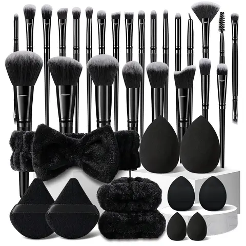 【Black Friday】Luxury 36-Piece Makeup Brush and Beauty Tool Kit, Cosmetic Brushes, Sponges, Triangular Puffs, Headband and Wristbands