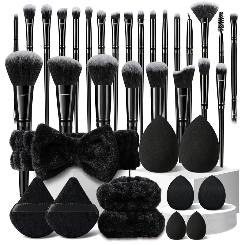 【Black Friday】Luxury 36-Piece Makeup Brush and Beauty Tool Kit, Cosmetic Brushes, Sponges, Triangular Puffs, Headband and Wristbands