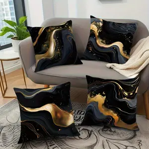 4pcs Abstract Marble Texture Pillow Covers - Black, Golden & White Swirl Design, Zippered Polyester Cushion Covers for Modern Sofa Decor, Machine Washable, Decorative Pillows