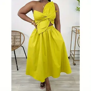 Sexy bow off-the-shoulder sleeveless asymmetrical irregular design pleated hollow mid-length dress