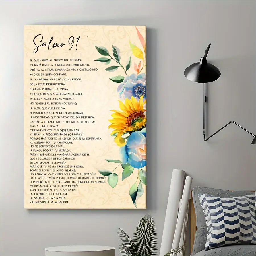 1pc Spanish Psalm 91 Bible Verse Framed Canvas Art - Floral Sunflower Design, Inspirational Scripture Wrapped Canvas Print, Home Decoration for Bedroom, Living Room - Ideal Winter Gift, 2D Flat Wall Decor