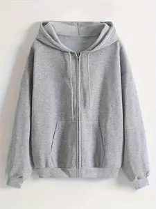 Women's Solid Pocket Zip Up Hoodie Sweatshirts, Long Sleeve Drawstring Zipper Hooded Outerwear, Casual Women's Clothing For Spring & Fall