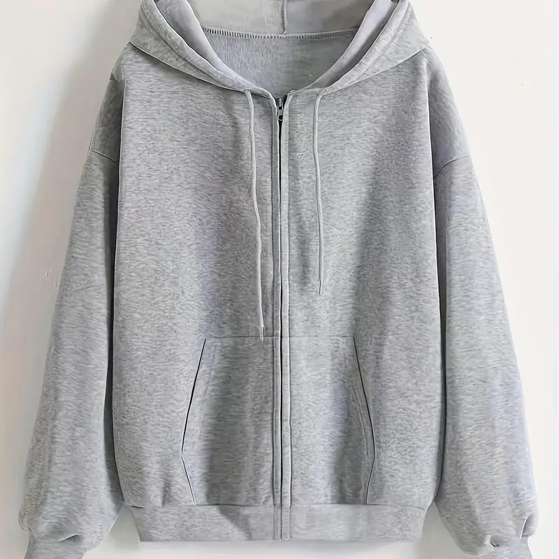 Women's Basic Solid Fitted Pocket Zip Up Comfy Quality Sweatshirts Tops, Hoodied Sweatshirt, Long Sleeve Adjustable Drawstring Zipper Hooded Outerwear, Casual Women's Clothing Womenswear For Spring & Fall