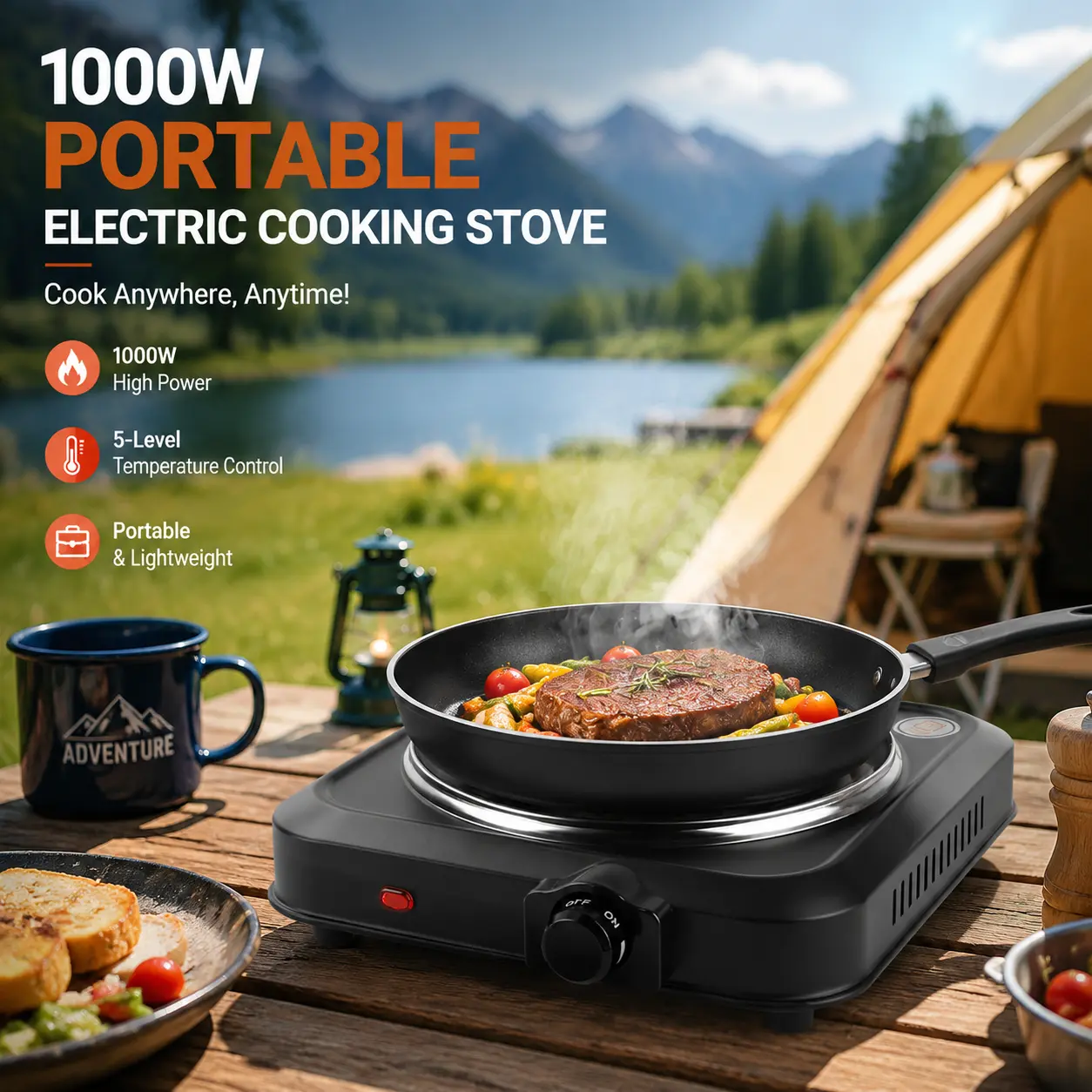 Portable Infrared Cooker Stove, 1000W Single Electric Burner with 7.5-Inch Glass Cooktop for Home Cooking, RV & Dorm, Coated Iron Body, 110V, 25.5x28x8.5cm, Camping-5381, Tempered Glass