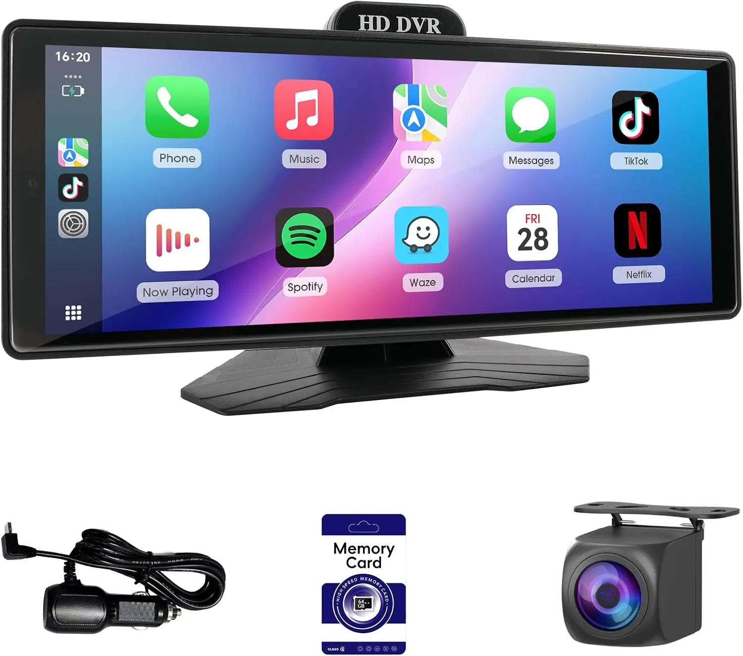 Haudio 10.26" Portable Wireless CarPlay Screen - Car Video Player with 1080P Dash Cam, Backup Camera, Bluetooth, FM Transmitter, Mirror Link, Plug & Play for All Vehicles, Portable Car Video Players