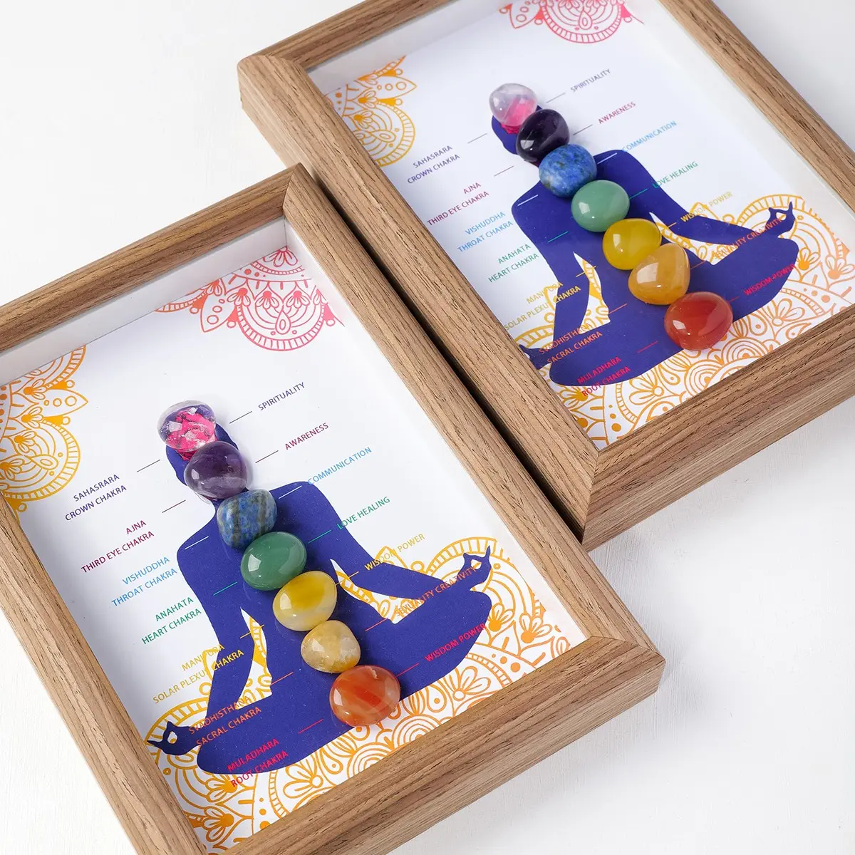 Natural Reiki Gemstones Ornament, 7 Chakra Healing Crystals, Chakra Energy Stone, Amethyst Crystal, Aurora Crystals, Wooden Frame Design, Ideal for Yoga & Meditation Space Enhancement