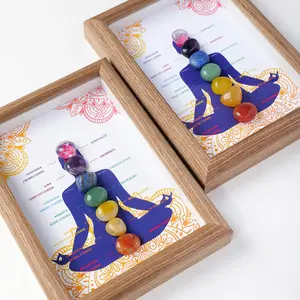 Natural Reiki Gemstones Ornament, 7 Chakra Healing Crystals, Chakra Energy Stone, Amethyst Crystal, Aurora Crystals, Wooden Frame Design, Ideal for Yoga & Meditation Space Enhancement