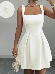 Women’s Solid Color Sequined Strap Patchwork Dress, Casual Elegant Party Mini Dress