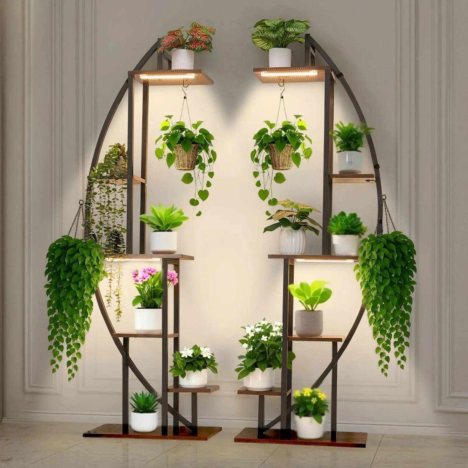 【SummerFinds】VEVOR Plant Stand Indoor with Grow Lights, 63 in Tall 6-Tiered Lighted Plant Shelf, 2 Pack Metal Corner Plants Holder, 3 Timer & 10 Brightness, Half-Moon Shaped Flower Display Rack for Living Room
