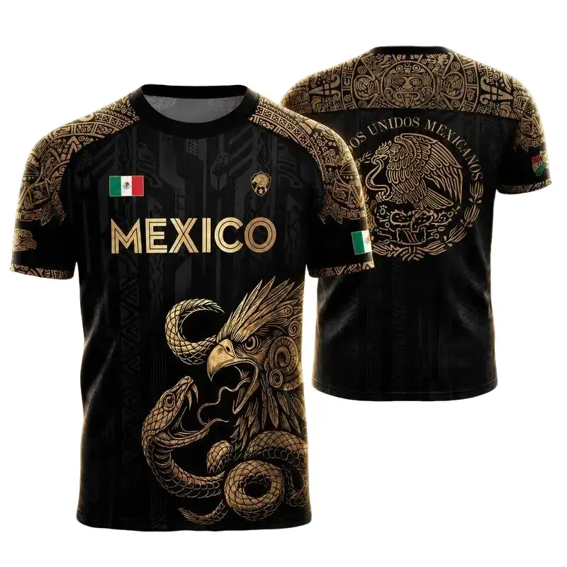 Mexico Jersey, Unisex National Team Shirt with Gold Aztec Graphic, Breathable Athletic Top with Eagle Snake Emblem