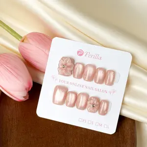 Perilla EX1 3D Flower Cat Eye Handmade Press On False Nails Super Short Pink Glue On Nails