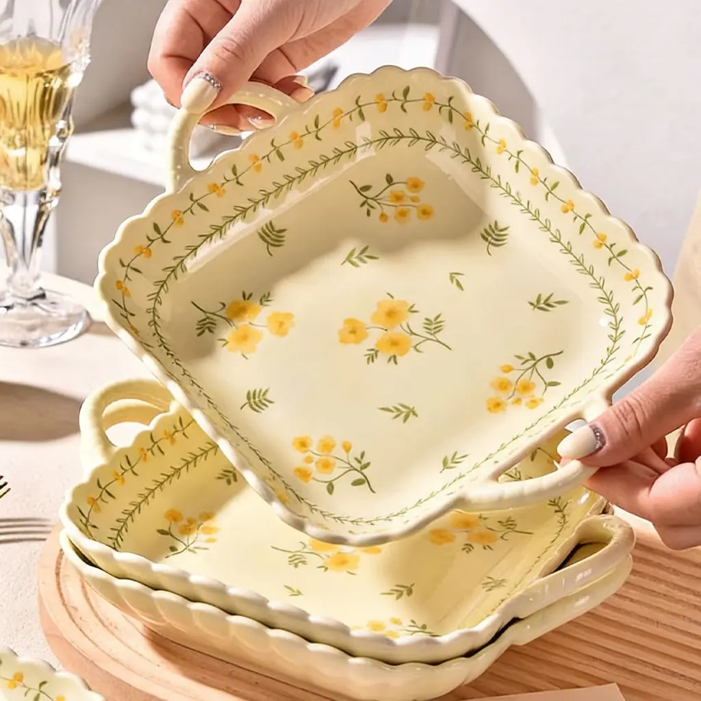 4 pieces of 9.25 double-sided ceramic tableware, Ceramics Party Plates, with yellow flower pattern and warm yellow, double-sided handle heat-resistant, suitable for spring, parties, microwave safe, dishwasher safe