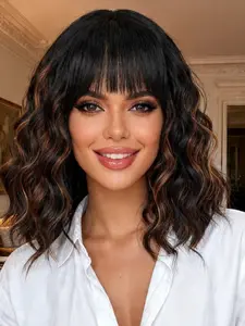 Women Synthetic Hair Heat Resistant Wig 14 Inch Shoulder Length Brown Highlight Curly Bob Loose Wave Wigs with Bangs