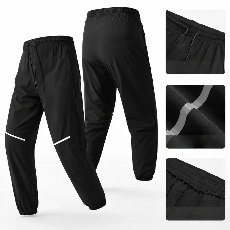 Men’s jogger athletic pants featuring a minimalist American style—trendy  Elastic drawstring waistband with reflective stripes on the sides for safety. Suitable for men’s everyday commuting and home wear. Baggy Wide Leg Sweatpants travelessentials