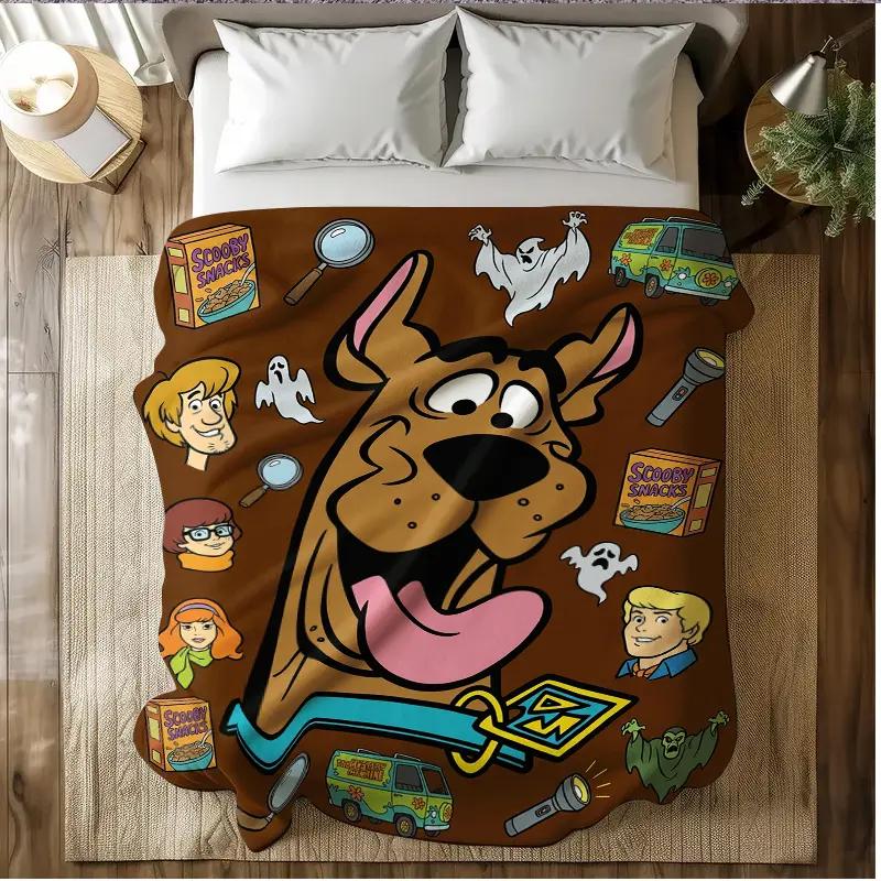 Sale! Scooby-Doo flannel blanket It is made of soft and warm material and can be used as a decorative blanket on the bedside. The pattern includes images of mysterious robots, ghosts, Scooby-Doo and snacks，Suitable for giving to fans, friends and children