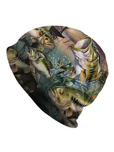 Men'S Bass Fishing Beanie Hat - Realistic Fish Design Skull Cap with Vibrant Colors, Durable Polyester Blend, Adjustable Fit for Outdoor Fishing & Casual Wear, Fishing Hat, Comfortable Headgear