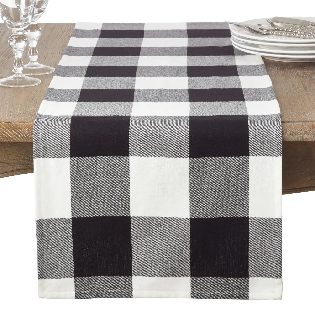 SARO 9025.BK1690B Cotton Fiber Table Runner, 16x90 in. Rectangle, Buffalo Plaid Black - for Home Kitchen, Farmhouse Vibe Table Setting Decor, One-Piece
