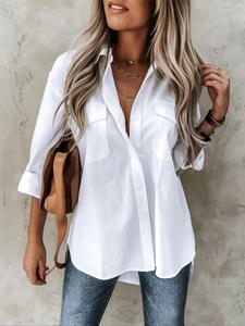 【plus size】plain pocket button front high low hem shirt blouse, casual drop shoulder roll up sleeve shirt for summer, women's clothes for daily wear, womenswear, long sleeve shirts, everyday