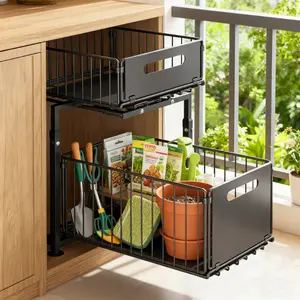 Adjustable 2-Level Pull-Out Under Sink Organizer Sliding Drawers Metal Baskets for Kitchen Bathroom Storage Space Saving Rack