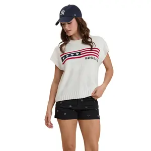 Women's 4th of July American Flag Knit Sweater Top – Patriotic Sleeveless Pullover, Lightweight Acrylic Summer Sweater