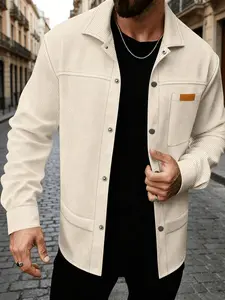 Men's Waffle Texture Casual Shirt, Loose Fit Long Sleeve Button-Up Top, Plain Surface Unlined Outerwear for Daily Wear & Beach Holidays
