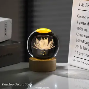 3D Engraved Lotus Flower Figurine, Crystal Ball with Wooden Light Base, Glass Lotus Flower Lamp Gift for Women, Decorative Glass Ball Paperweight
