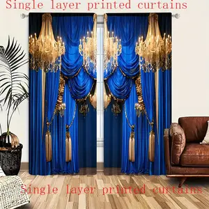 2 pieces of European court style 2D single-layer printed curtains, Upgrade curtain, made of semi blackout polyester material, home decorations for living rooms, bedrooms