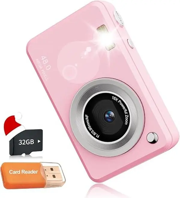 FHD Digital Point and Shoot Camera, Portable Lightweight Handheld Video Camera 16X Digital Zoom, Mini Compact Digital Camera with 32GB Memory Card,Pink cameras