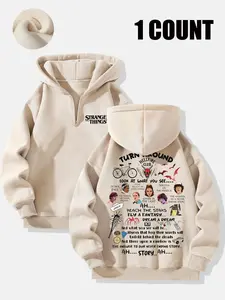 Stranger Things Retro Graphic Print Oversized Long Sleeves Hoodie Womenswear, All-Over Character & Upside Down Design, Premium Soft Fabric, Ideal for Sci-Fi Horror Fans, Trendy Casual Wear for Daily Leisure & Fandom Outfits