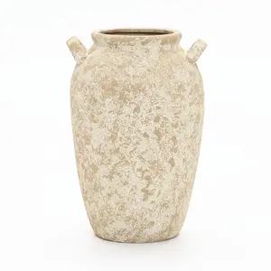 Vintage Pottery Tall Ceramic Vase Off-White with Brown, 15.8"