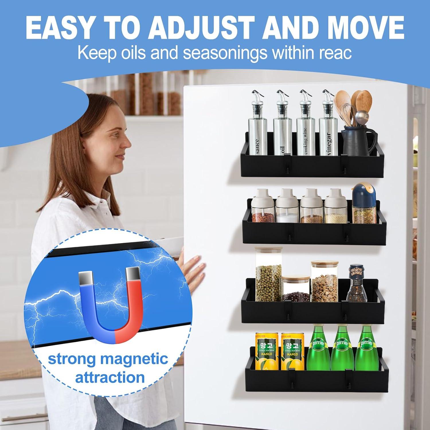 Set of 4 Magnetic Spice Racks with Hooks – Rustproof  Storage Organizer for Kitchen, Pantry & Fridge | Strong Magnet Easy Installation for Herbs, Spices, Jars, Bottles & Drinks, Space Saving Kitchen Organization