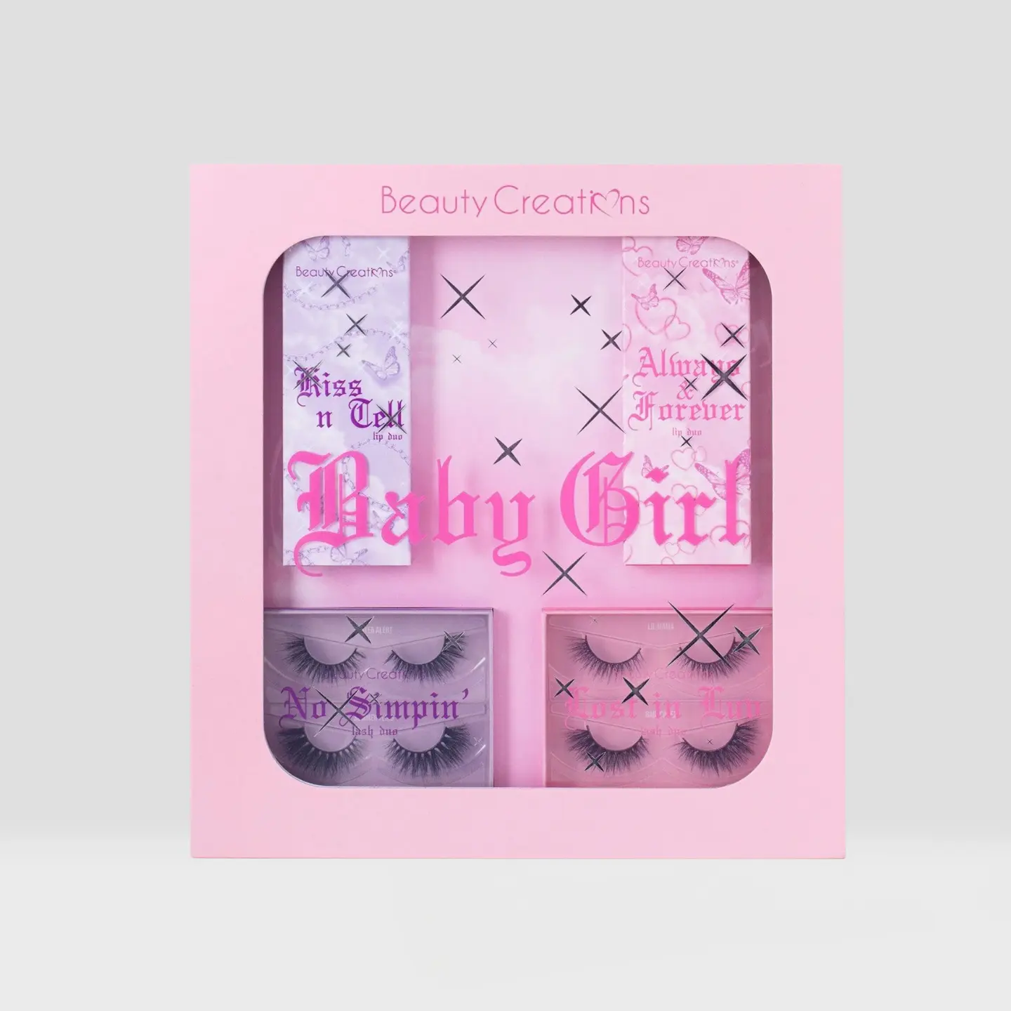 Beauty Creations Baby Girl PR Makeup Set - Purple-Pink Lash Duos, Kiss N Tell Lip Duo, Always & Forever Lip Duo Color, Glossy Lips